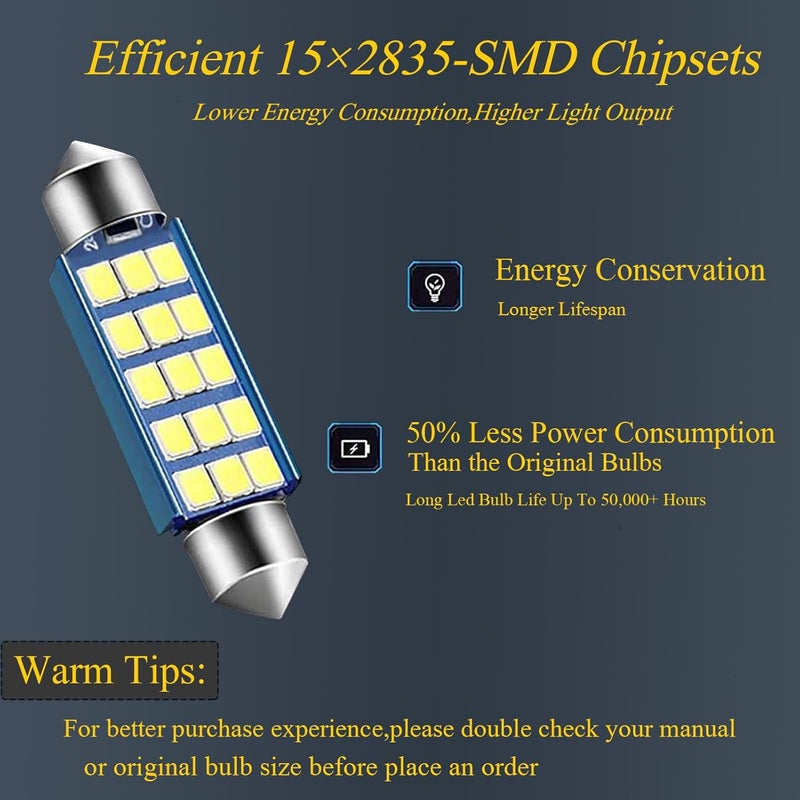 GKmow Pack-2 578 LED Extremely Bright Bulbs, 1.59" 6500K 2835 Chipsets 400LM Bulbs for LED Interior Dome Map Door Lights 211-2 212-2 569 6411 6451 41mm 42mm (White) - Image 4